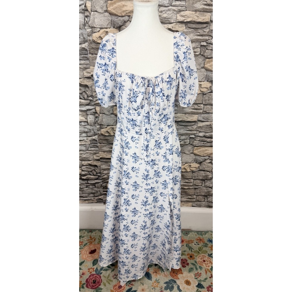 SHEIN Viral Blue & White Floral Milkmaid Dress Cottagecore Sz L